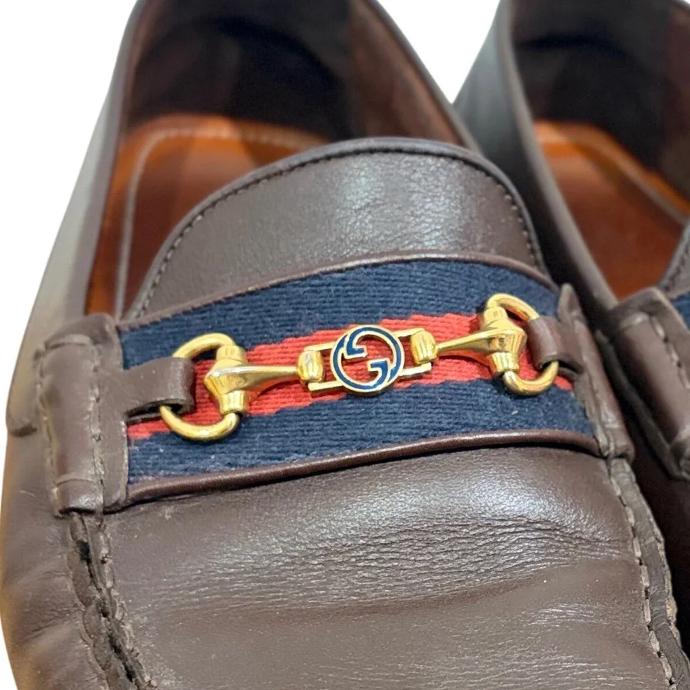 Gucci Ayrton Authentic Brown Leather Web Stripe Horsebit Driving Loafers Size 9